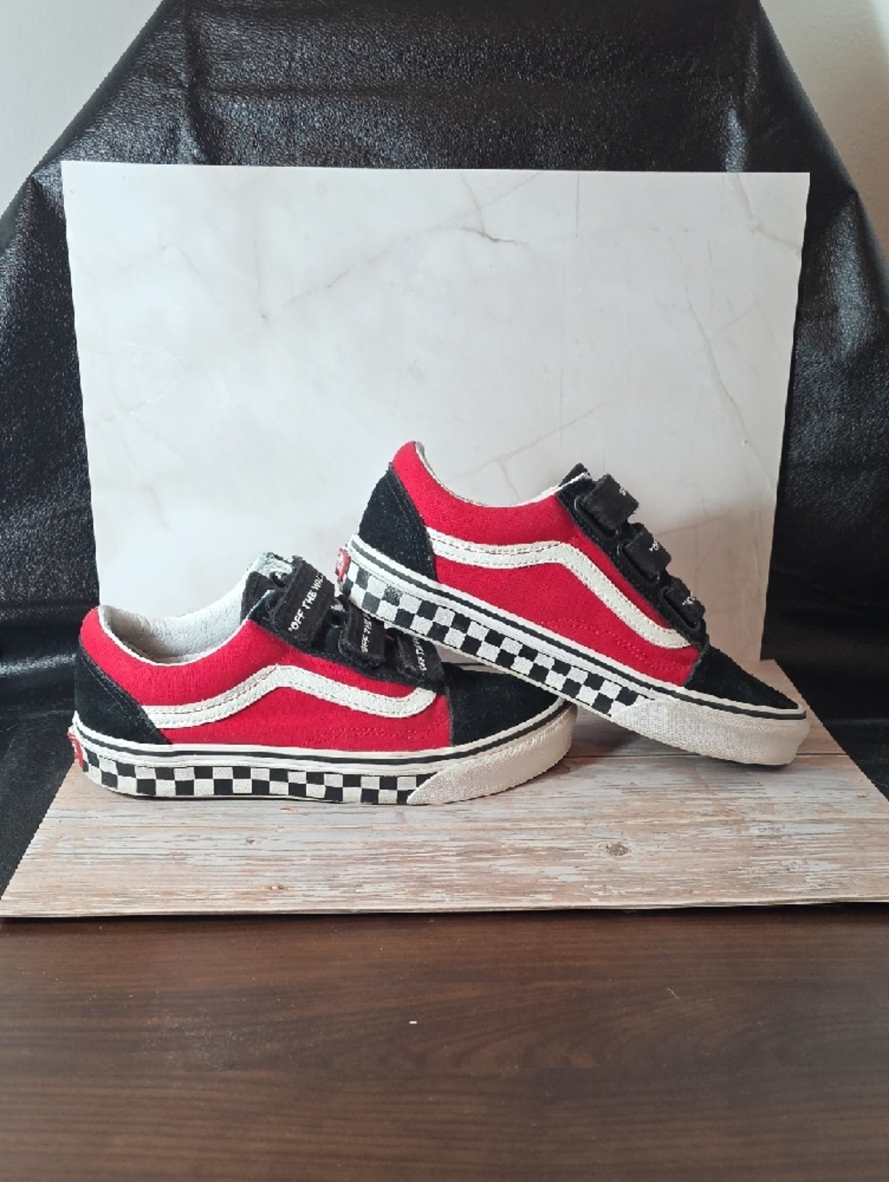 Vans Kids 6.5 Old Skool Velcro Sneakers - Red, Black & White - Picture 2 of 11